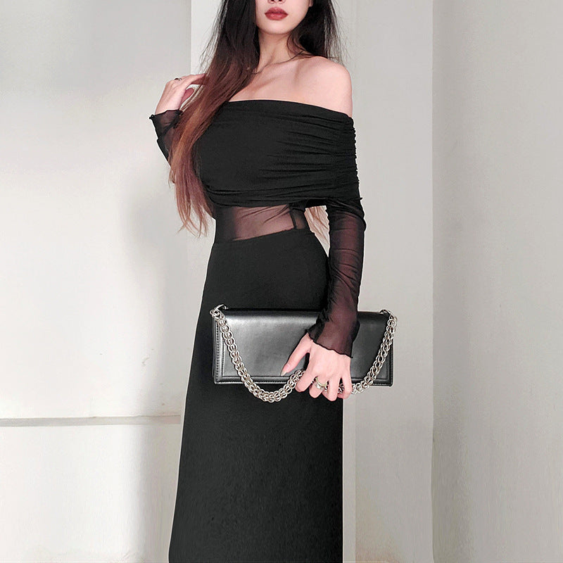 Women's Winter Sexy Off-the-shoulder Pleated Long Sleeve Polyester Dress - Enfance-Heureuse