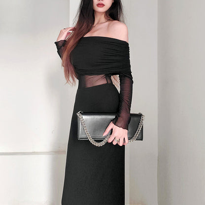Women's Winter Sexy Off-the-shoulder Pleated Long Sleeve Polyester Dress - Enfance-Heureuse