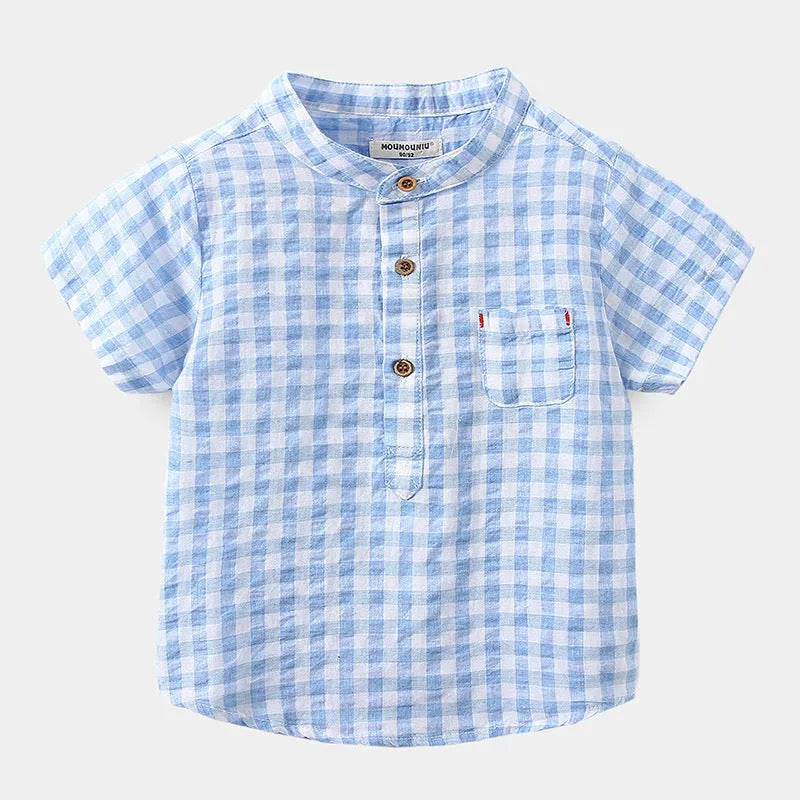 Children's Cotton Blue Short-sleeved Shirt Fashion Casual Short-sleeved Plaid Shirt - Enfance-Heureuse