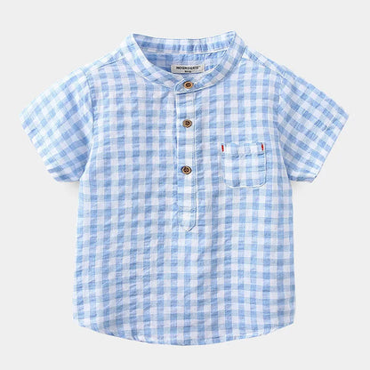 Children's Cotton Blue Short-sleeved Shirt Fashion Casual Short-sleeved Plaid Shirt - Enfance-Heureuse
