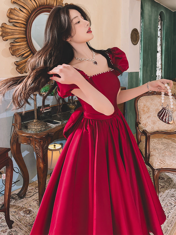 Winter Wine Red Engagement Daily French Princess On The Run Satin Dress - Enfance-Heureuse