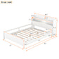 Wood Full Size Platform Bed With Built-in LED Light, Storage Headboard And Guardrail, White - Enfance-Heureuse