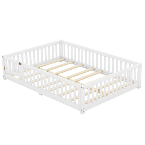 Full Size Bed Floor Bed With Safety Guardrails And Door For Kids, White - Enfance-Heureuse