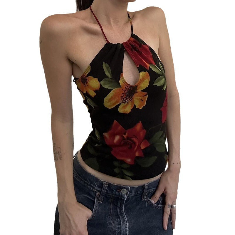 Personalized Stylish Print Slim Fit Halter Spaghetti Straps Vest Backless Hollow-out Top - Enfance-Heureuse