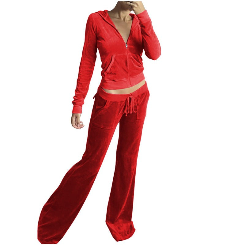 Casual Solid Color Velvet Wide Leg Pants Two-piece Set - Enfance-Heureuse