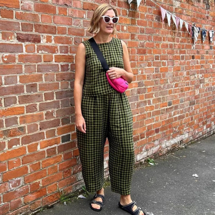 Printed Plaid Loose Casual Sleeveless Vest Pants Suit - Enfance-Heureuse