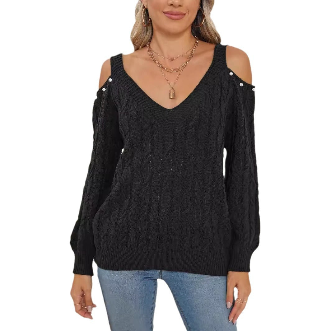 Woven Bottoming Shirt Deep V Off-the-shoulder Pullover Loose Sweater - Enfance-Heureuse