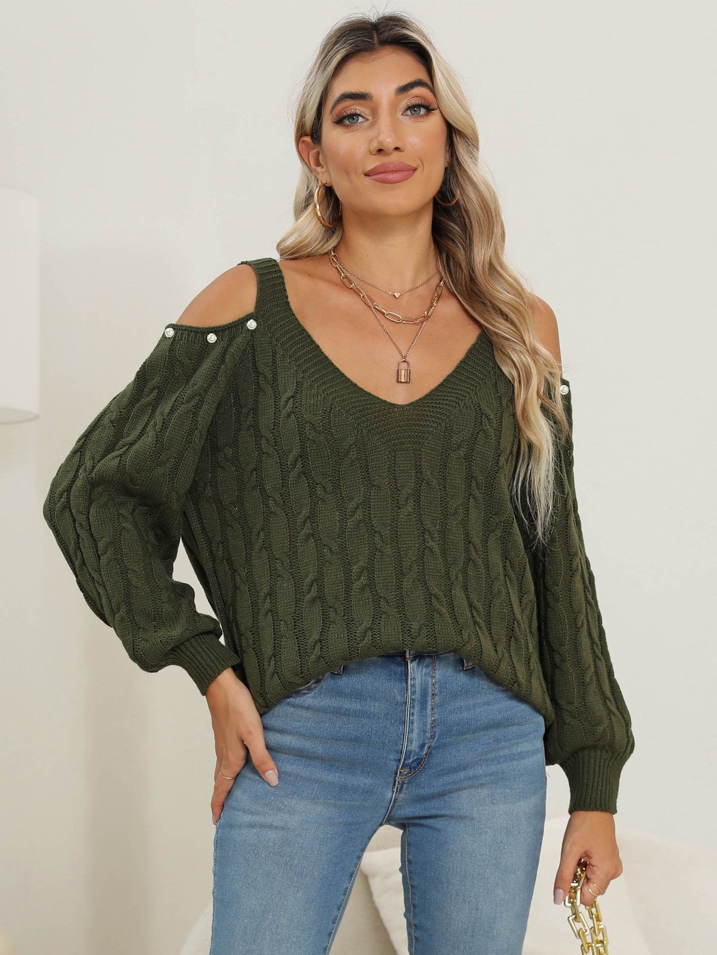 Woven Bottoming Shirt Deep V Off-the-shoulder Pullover Loose Sweater - Enfance-Heureuse