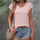 Women's Solid Color And V-neck Short Sleeve Loose - Enfance-Heureuse