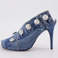Women's Stiletto Heel Square Toe Denim Metal Rivet Slippers - Enfance-Heureuse