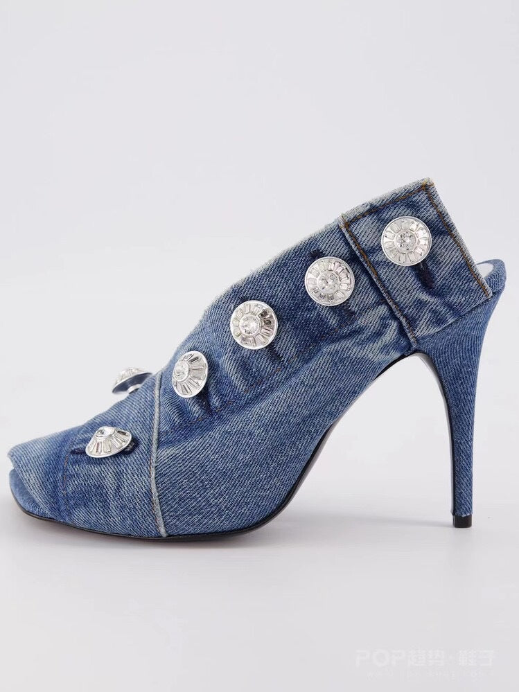 Women's Stiletto Heel Square Toe Denim Metal Rivet Slippers - Enfance-Heureuse