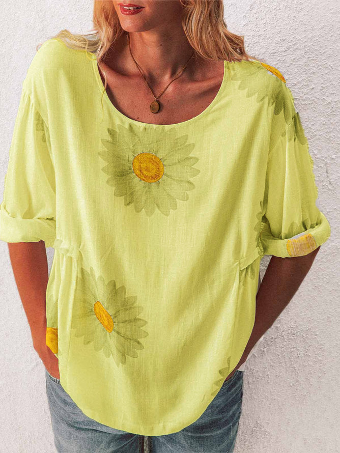 Mid-sleeved Chrysanthemum Cotton And Linen Printed T-shirt Women's Clothing - Enfance-Heureuse