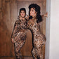 Round Neck Long Sleeve Contrast Color Animal Leopard Color Tight Jumpsuit