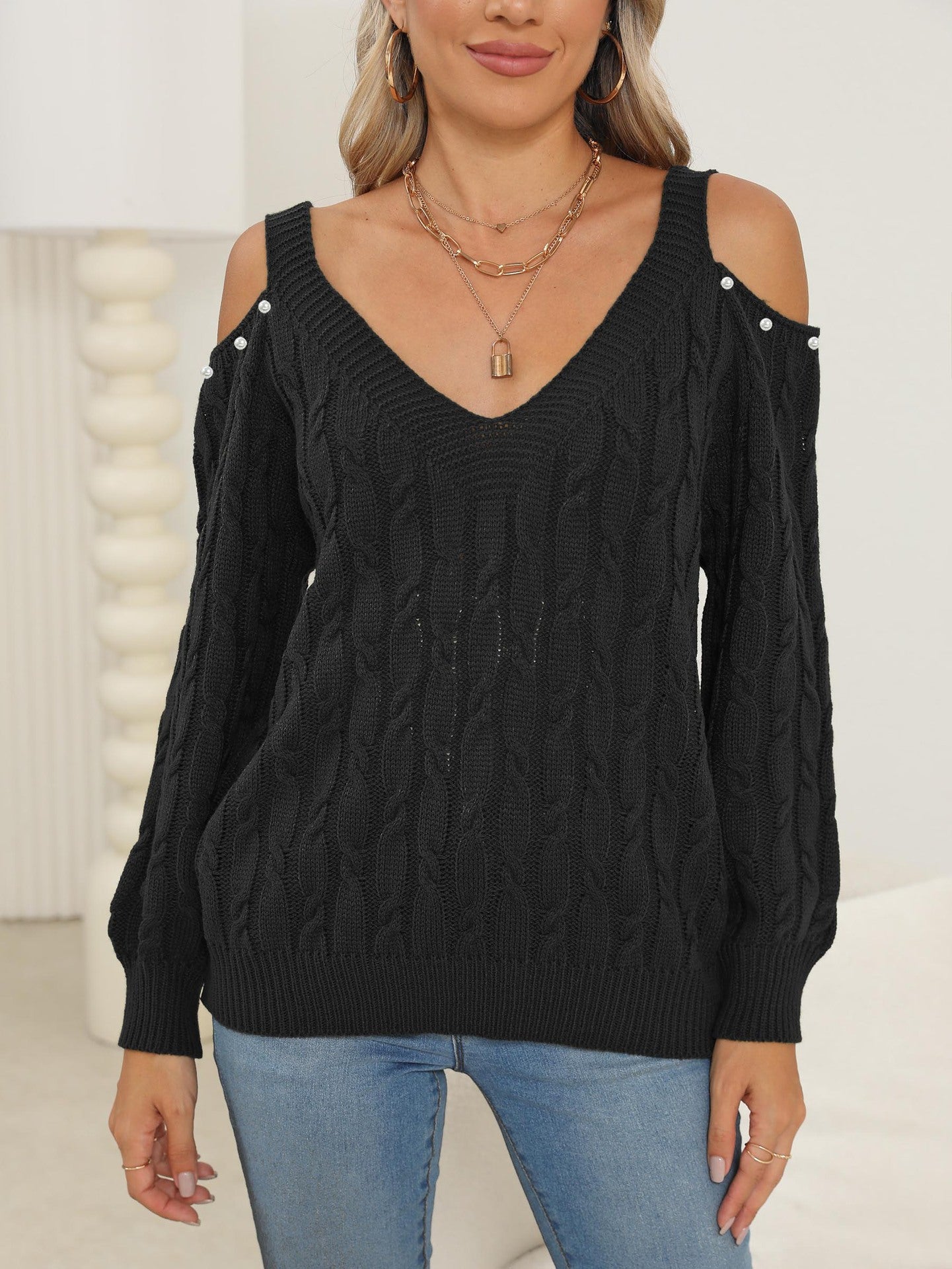 Woven Bottoming Shirt Deep V Off-the-shoulder Pullover Loose Sweater - Enfance-Heureuse