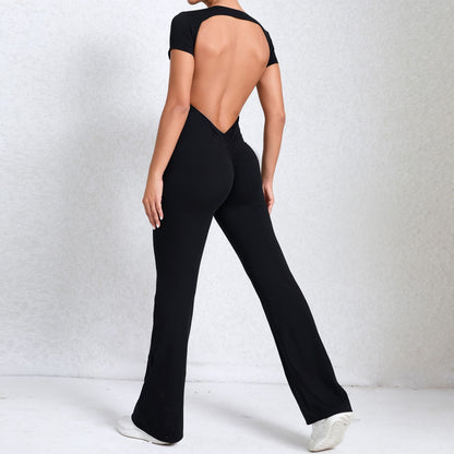 Bare Back Short Sleeve Nude Feel Yoga Outer Wear Fitness Sports Jumpsuit - Enfance-Heureuse
