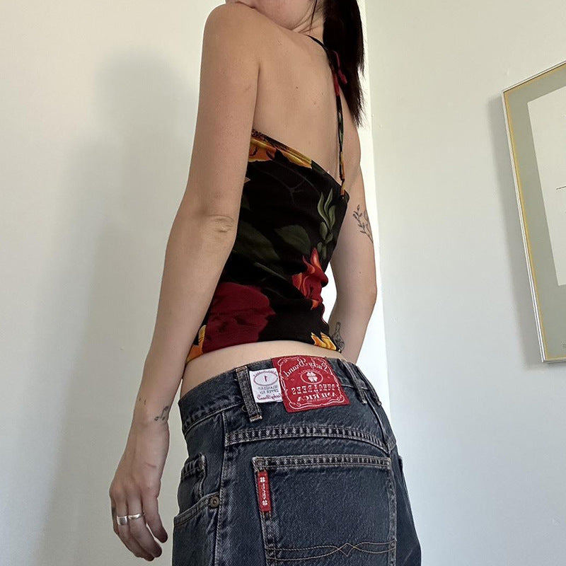 Personalized Stylish Print Slim Fit Halter Spaghetti Straps Vest Backless Hollow-out Top - Enfance-Heureuse