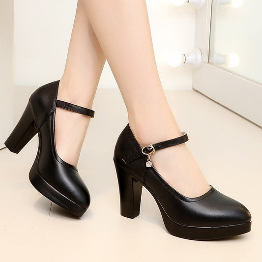Women's Casual Round Head Chunky Heel Buckle High Heels - Enfance-Heureuse