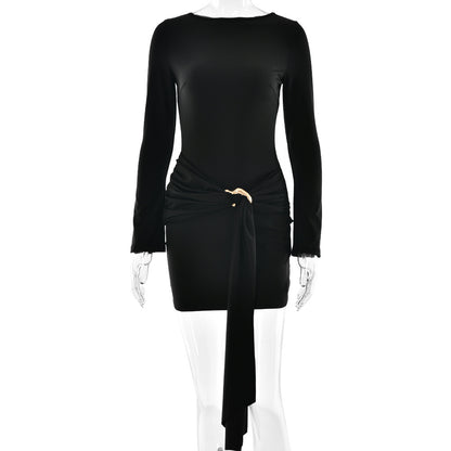Women's Autumn Temperament Round Neck Long Sleeved Tight Fitting Dress - Enfance-Heureuse