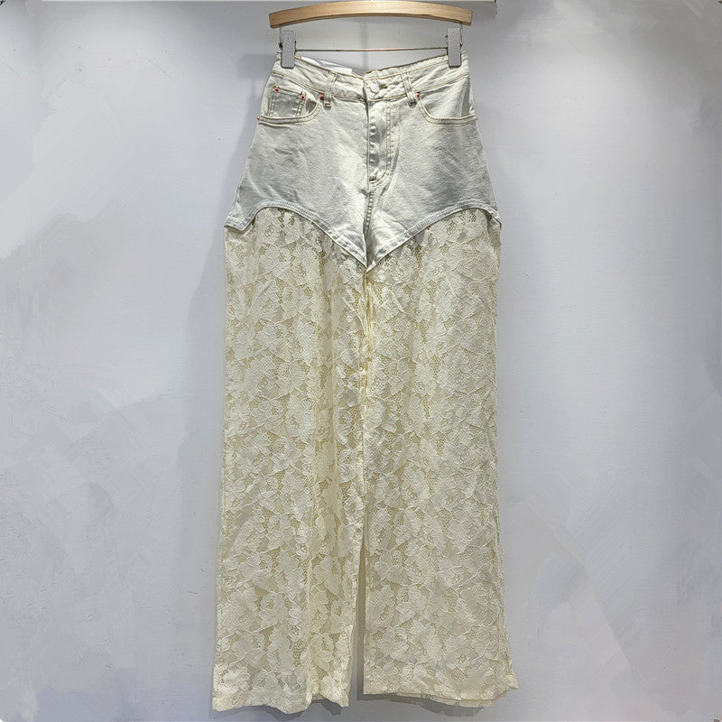 Lace Stitching Straight Wide Leg Jeans - Enfance-Heureuse