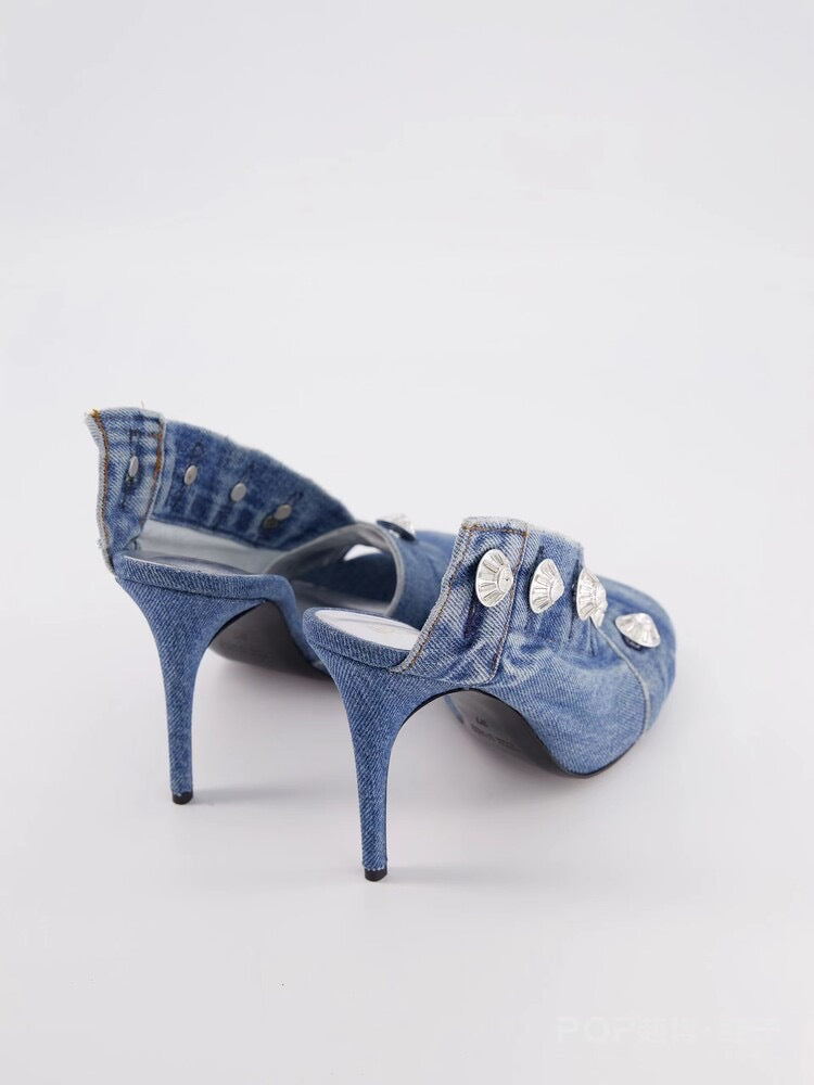 Women's Stiletto Heel Square Toe Denim Metal Rivet Slippers - Enfance-Heureuse