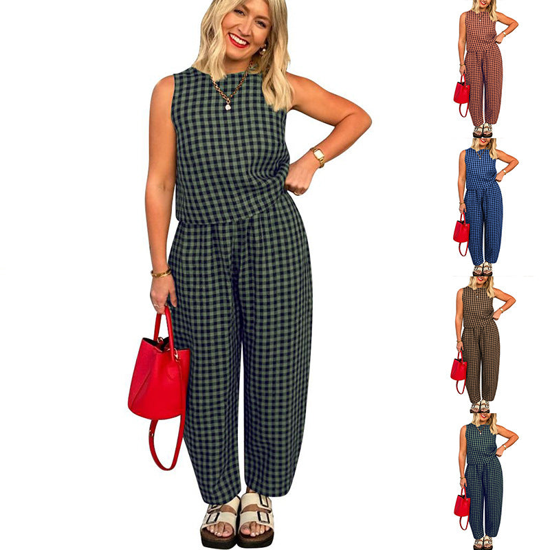 Printed Plaid Loose Casual Sleeveless Vest Pants Suit - Enfance-Heureuse