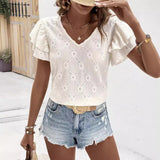 Casual Solid Color Double-layer Ruffle Sleeve V-neck Hollow Top - Enfance-Heureuse