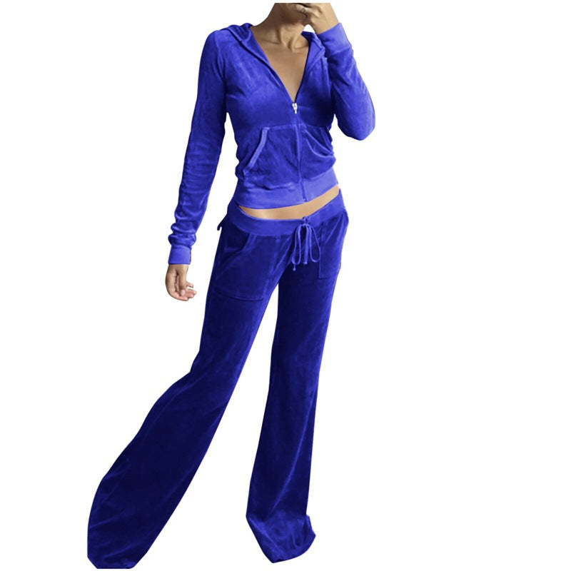 Casual Solid Color Velvet Wide Leg Pants Two-piece Set - Enfance-Heureuse