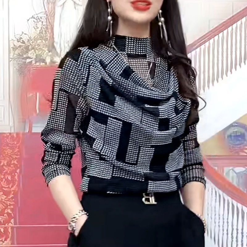 Undershirt Women's Half-high Collar Long Sleeves Shirt Fashionable Hiding Fat Stretch Shirt - Enfance-Heureuse