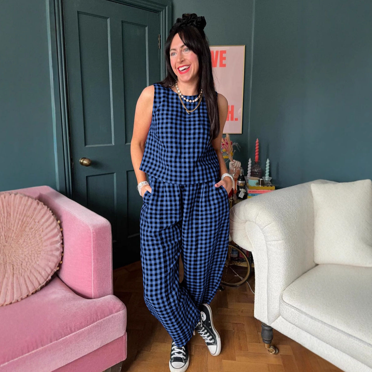 Printed Plaid Loose Casual Sleeveless Vest Pants Suit - Enfance-Heureuse