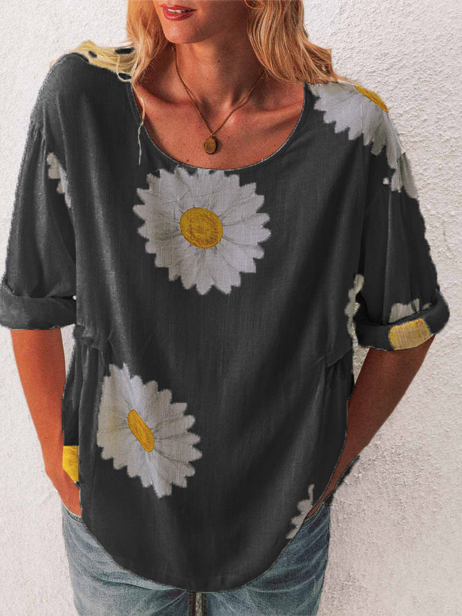Mid-sleeved Chrysanthemum Cotton And Linen Printed T-shirt Women's Clothing - Enfance-Heureuse