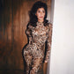 Round Neck Long Sleeve Contrast Color Animal Leopard Color Tight Jumpsuit
