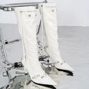 Bottes de moto pour femmes, nouvelles bottes européennes et américaines à bout pointu, talon aiguille et rivets métalliques