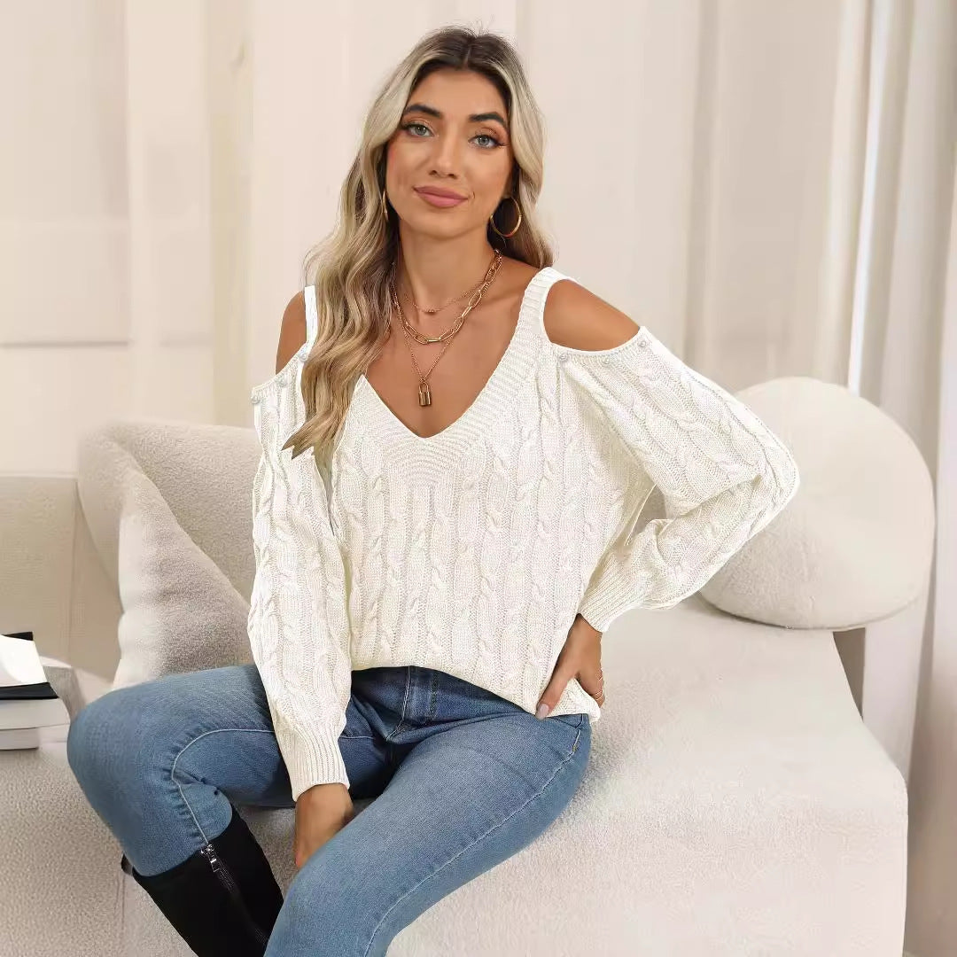 Woven Bottoming Shirt Deep V Off-the-shoulder Pullover Loose Sweater - Enfance-Heureuse