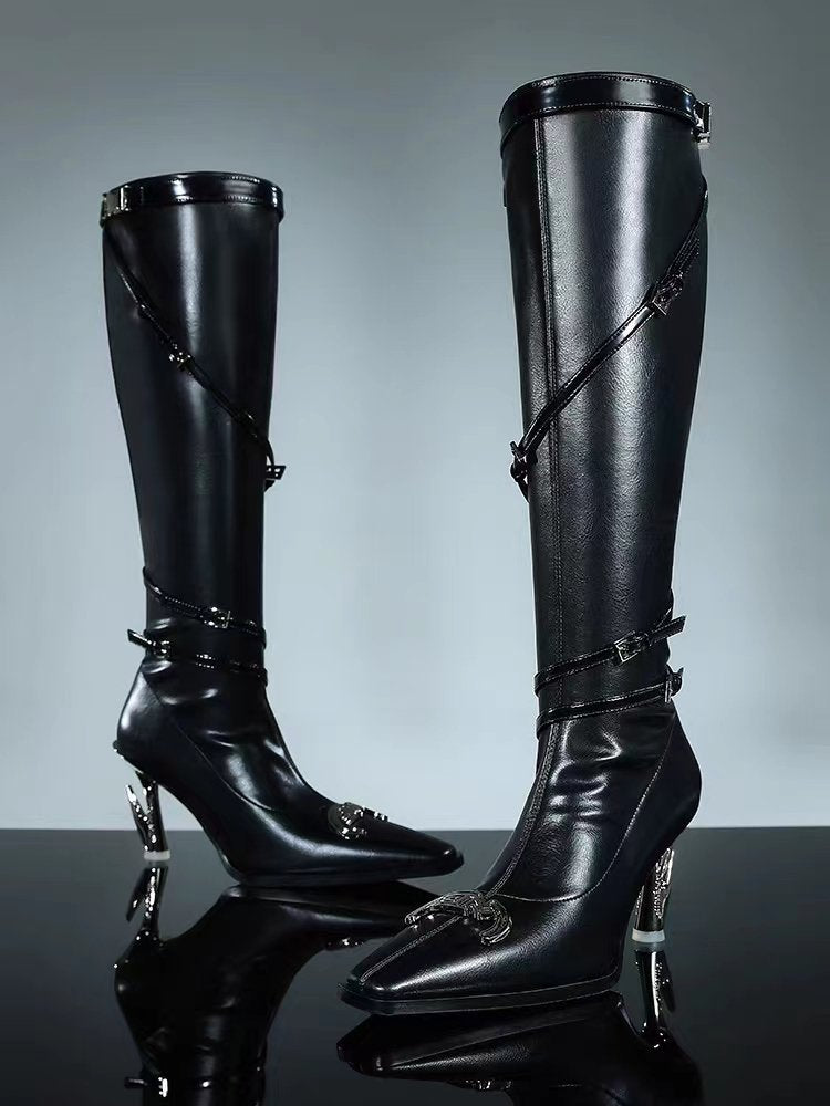 Bottes de moto pour femmes, nouvelles bottes européennes et américaines à bout pointu, talon aiguille et rivets métalliques
