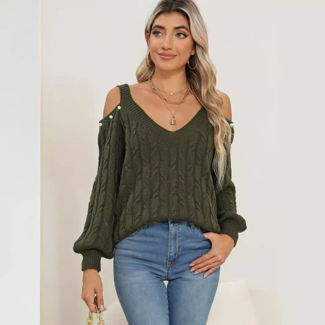 Woven Bottoming Shirt Deep V Off-the-shoulder Pullover Loose Sweater - Enfance-Heureuse