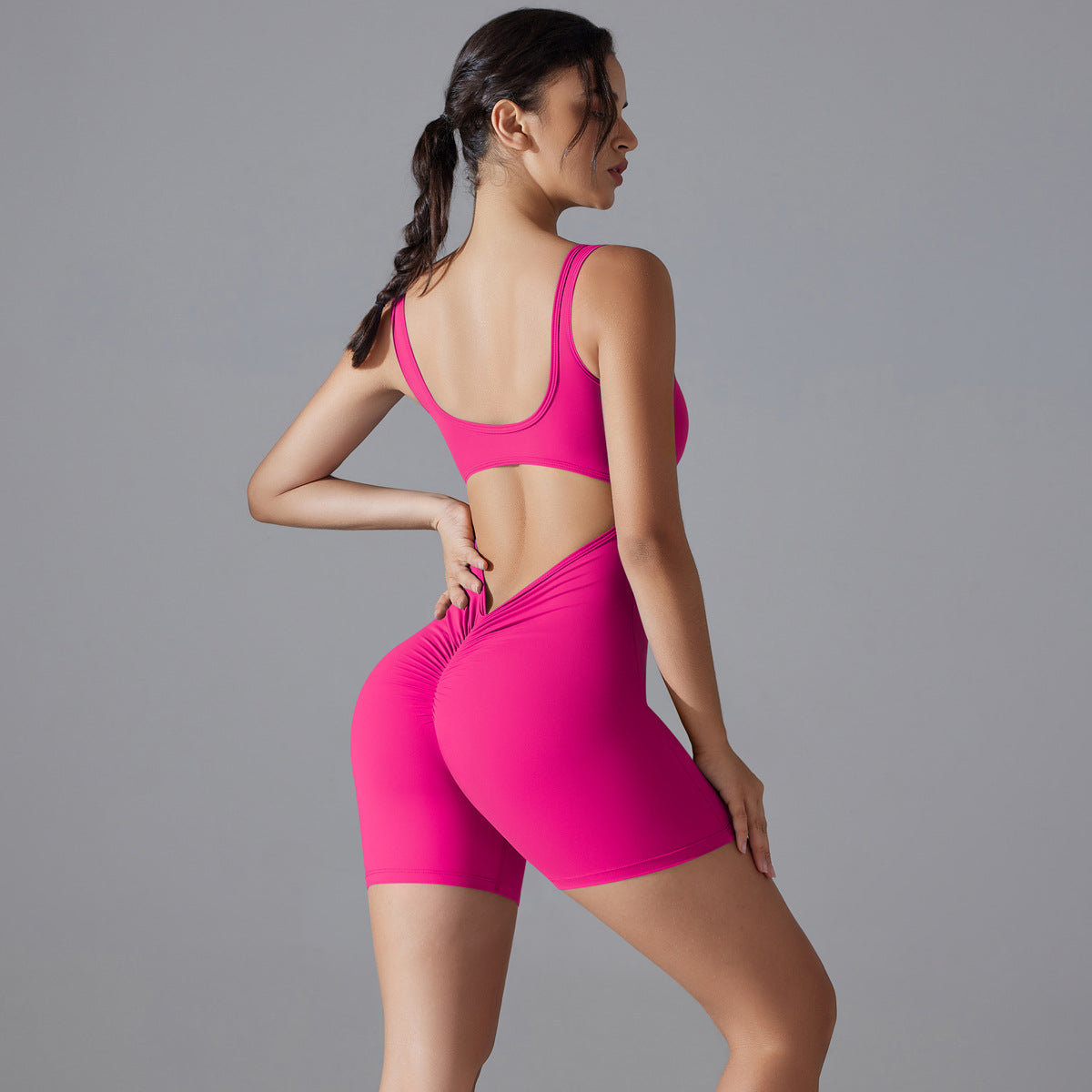 Peach Hip V Waist Tight Shorts Jumpsuit - Enfance-Heureuse