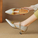 Stiletto Heel T-shaped Flower Leather Pointed High Heel Shoes - Enfance-Heureuse