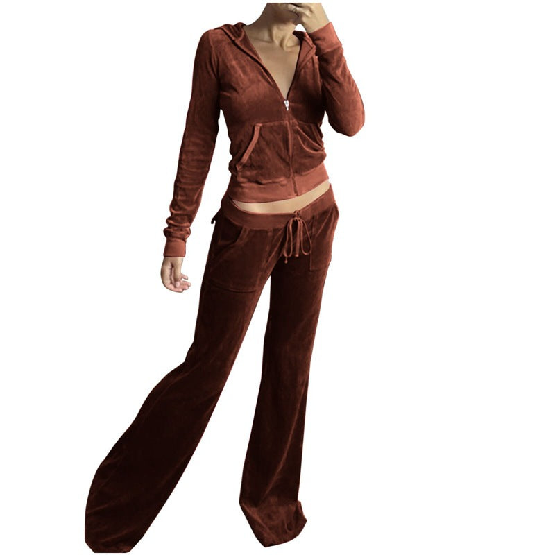 Casual Solid Color Velvet Wide Leg Pants Two-piece Set - Enfance-Heureuse