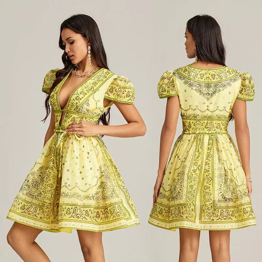 Vacation Style Printed Short Dress - Enfance-Heureuse