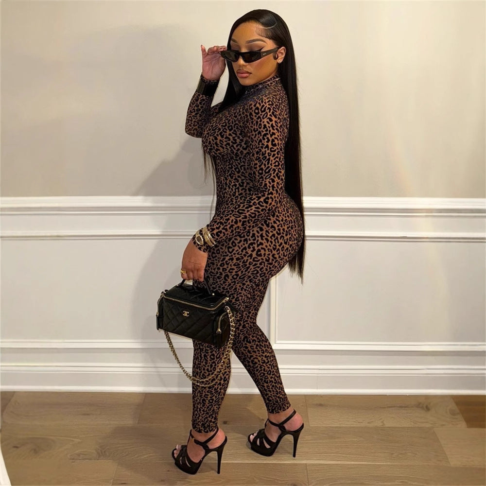 All-match Sexy Hot Girl Leopard Print Long Sleeve Jumpsuit - Enfance-Heureuse