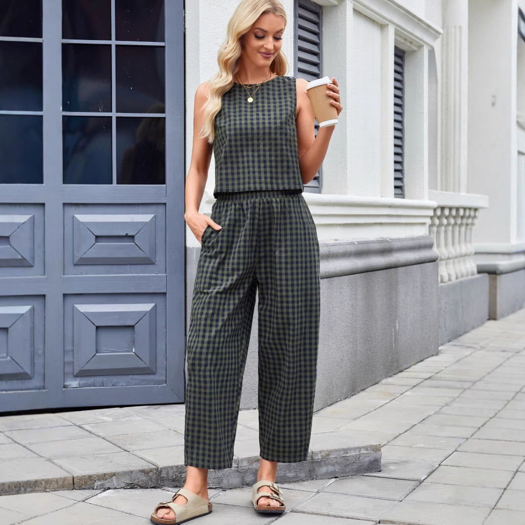Printed Plaid Loose Casual Sleeveless Vest Pants Suit - Enfance-Heureuse