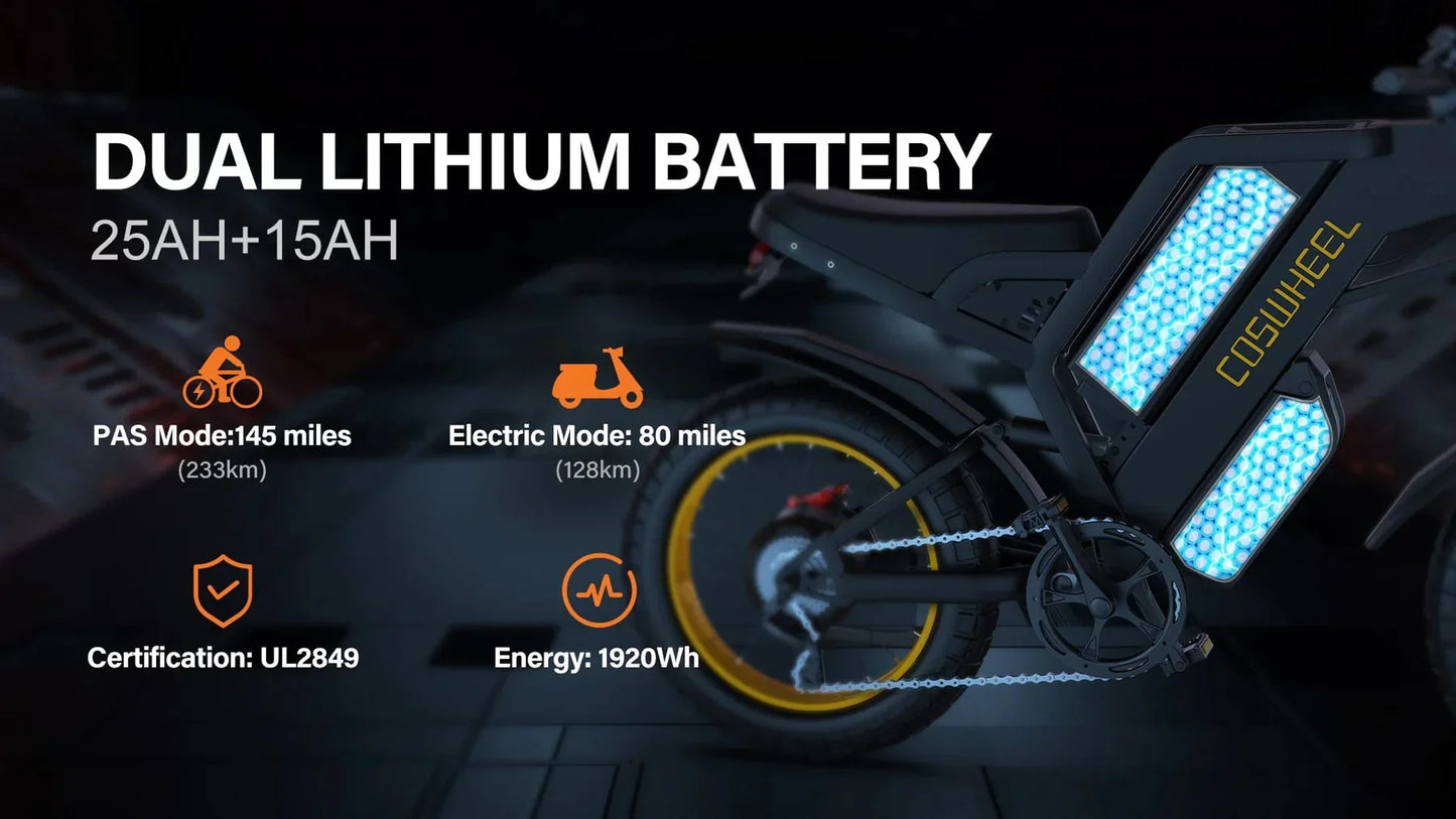Vélo électrique Coswheel GT20 PRO 3000 W, moto électrique tout-terrain, 48 V, 40 Ah, double moteur, double batterie, VTT, gros pneus