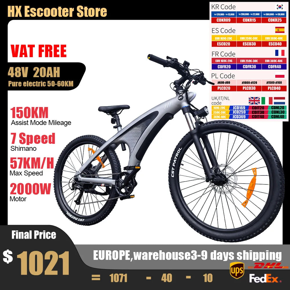 HX Q5 Ebikes 2000W Adults Electric Bike 57KM/H Electric Bicycle 27.5 Inch Removable battery Electric E Bikes Mountain Ebike - Enfance-Heureuse