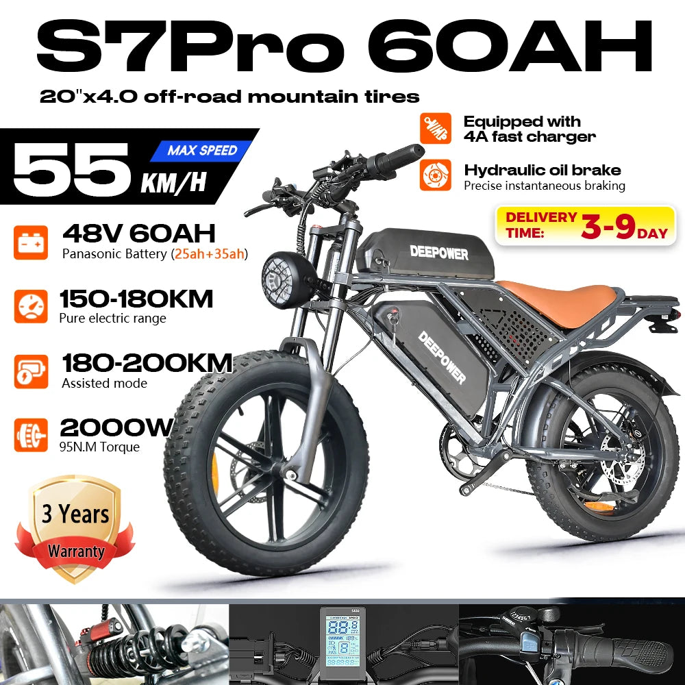 DEEPOWER S7Pro Electric Bike for Adults, 48V, 60Ah,Dual Battery, 20''x4.0 Fat Tires,Snow Mountain E-Bike, 2000W Electric Bicycle - Enfance-Heureuse