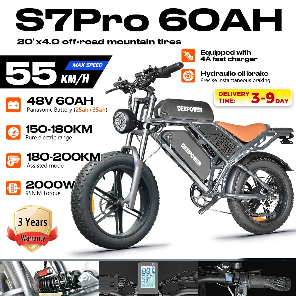 Vélo électrique DEEPOWER S7Pro pour adultes, 48 ​​V, 60 Ah, double batterie, pneus larges 20'' x 4.0, VTT électrique, 2000 W