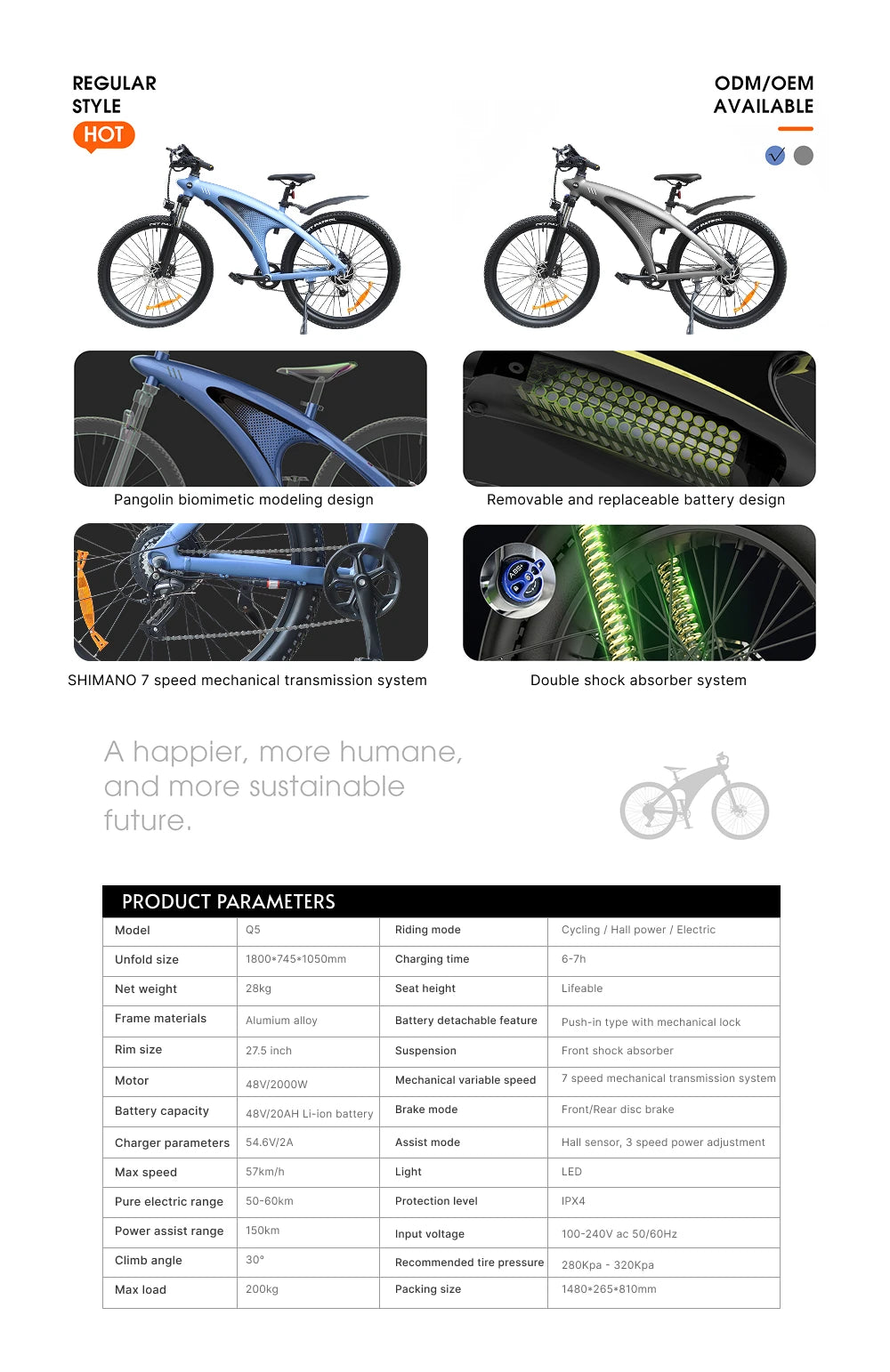 HX Q5 Ebikes 2000W Adults Electric Bike 57KM/H Electric Bicycle 27.5 Inch Removable battery Electric E Bikes Mountain Ebike - Enfance-Heureuse