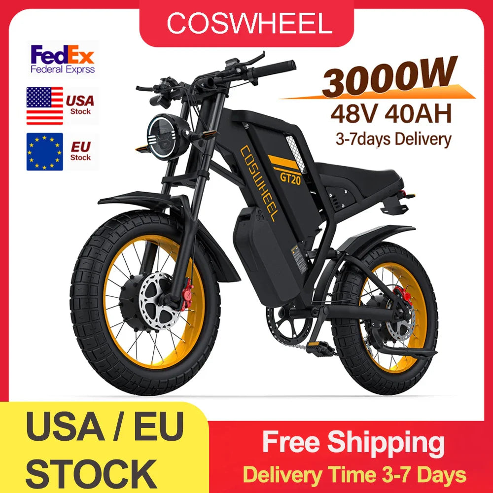 Vélo électrique Coswheel GT20 PRO 3000 W, moto électrique tout-terrain, 48 V, 40 Ah, double moteur, double batterie, VTT, gros pneus