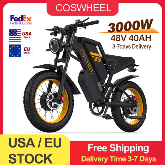Vélo électrique Coswheel GT20 PRO 3000 W, moto électrique tout-terrain, 48 V, 40 Ah, double moteur, double batterie, VTT, gros pneus