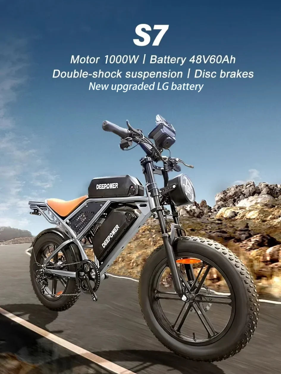 Vélo électrique tout-terrain DEEPOWER S7 pour adultes, moteur 1000 W, VTT électrique avec batterie LG 48 V 60 Ah, style moto tout-terrain