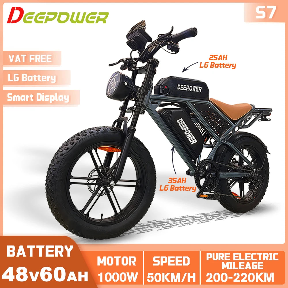 DEEPOWER S7 Off-Road Electric Bike for 1000W Motor Adults Mountain Ebike with 48V 60AH LG Battery All-Terrain Motorcycle Style - Enfance-Heureuse